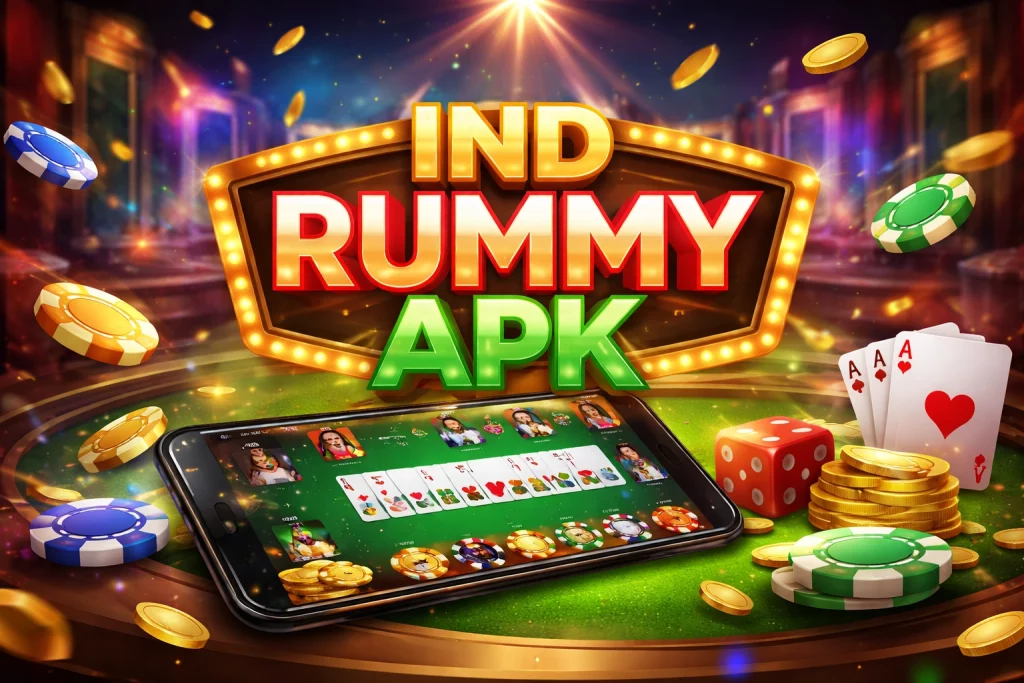 Ind Rummy APK banner showing a mobile phone with a rummy game interface, poker chips, playing cards, dice and gold coins around a glowing Ind Rummy APK logo in a colorful casino-themed background.