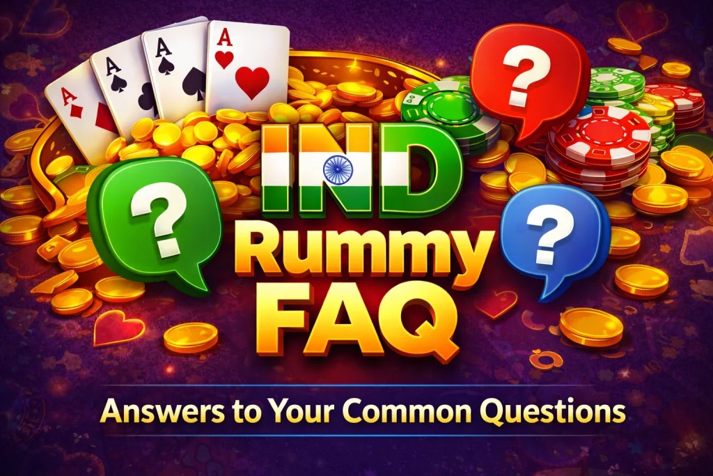 Ind Rummy FAQ banner featuring playing cards, poker chips, gold coins and colorful question icons around the Ind Rummy logo with the text "Answers to Your Common Questions"