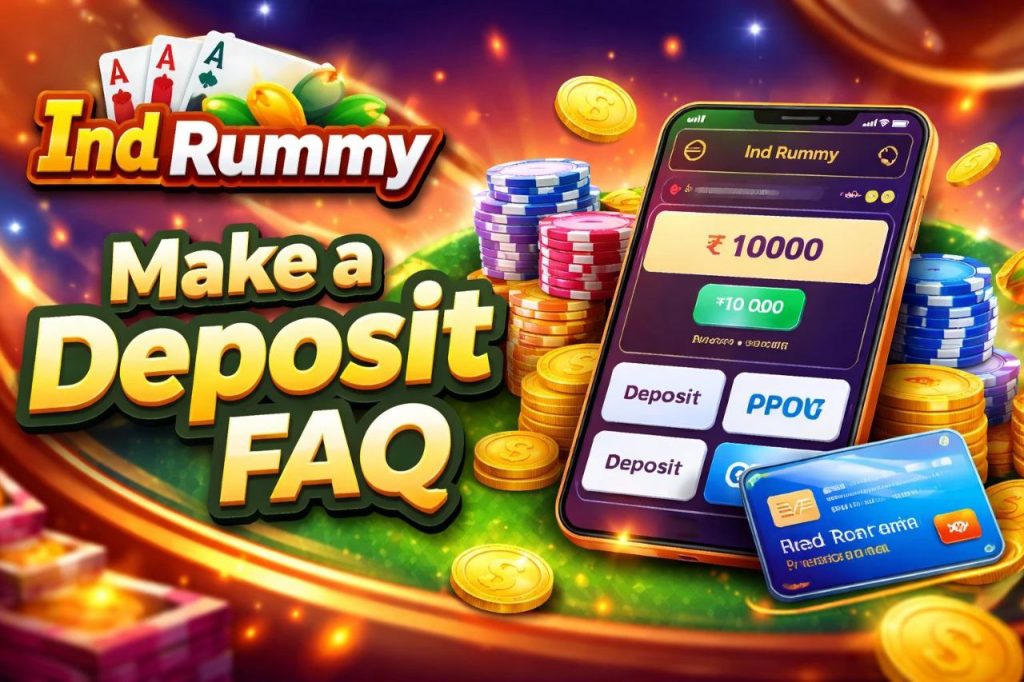 Ind Rummy Make a Deposit FAQ banner with UPI and mobile payment methods in India