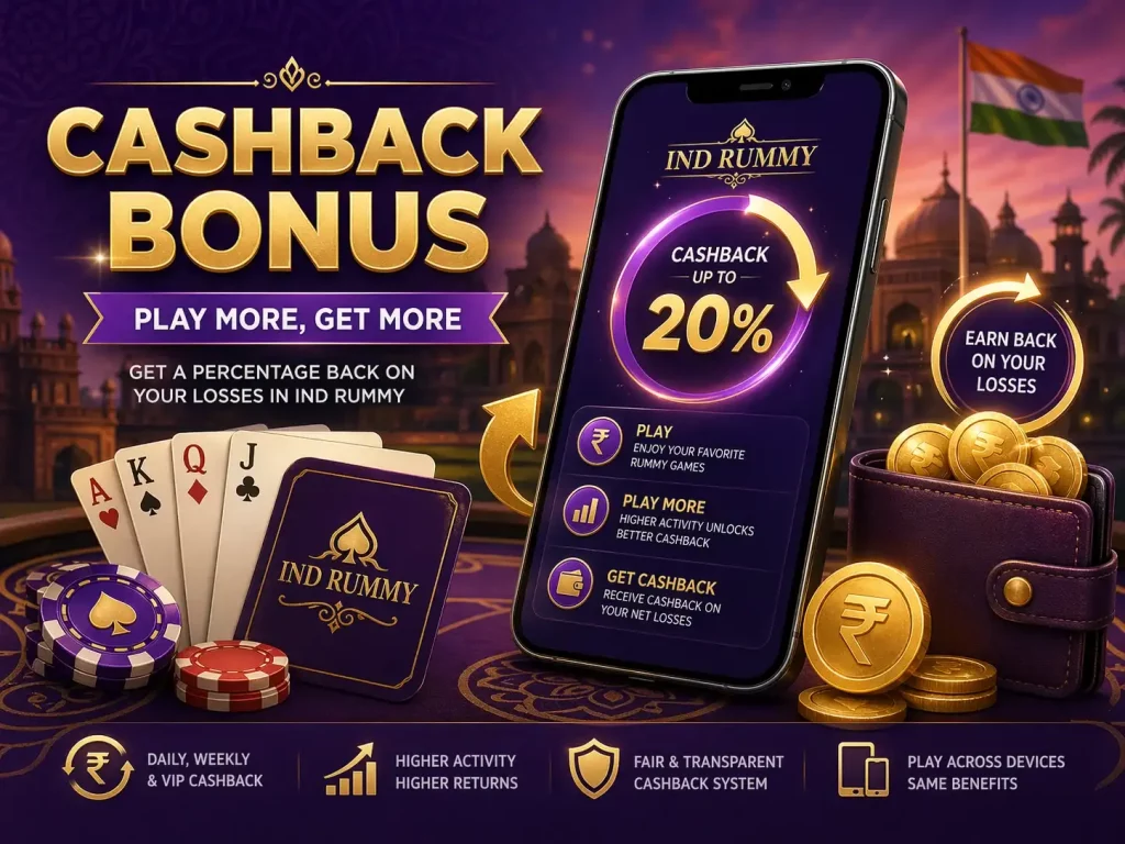 Cashback bonus illustration for Ind Rummy showing up to 20% return on losses, featuring playing cards, coins, and mobile gameplay in an Indian-themed design