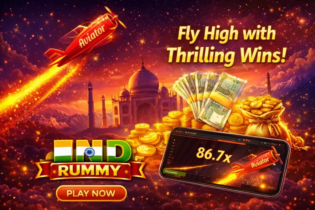 Ind Rummy Aviator promotional illustration featuring a flying red aircraft, rising multiplier game screen, gold coins, Indian-inspired skyline, and bold 4:3 gaming visuals.
