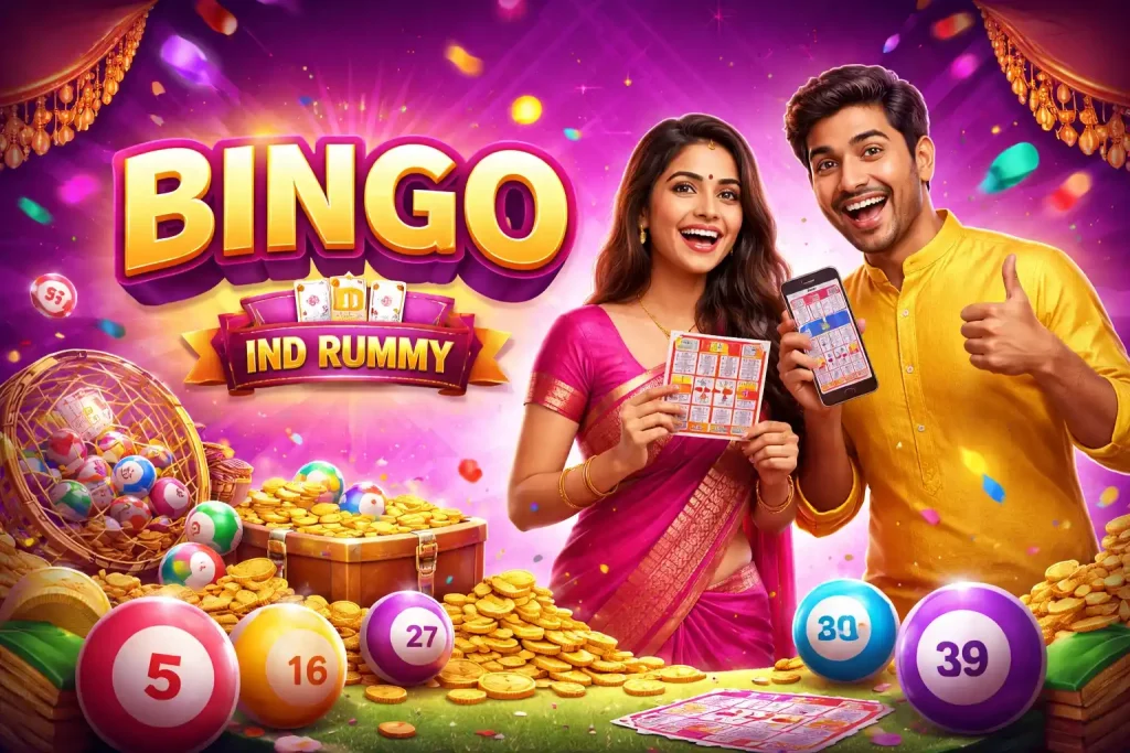 Ind Rummy Bingo promotional illustration featuring bingo balls, cards, gold coins, mobile gameplay, and festive Indian-style visuals in a bright 4:3 design.
