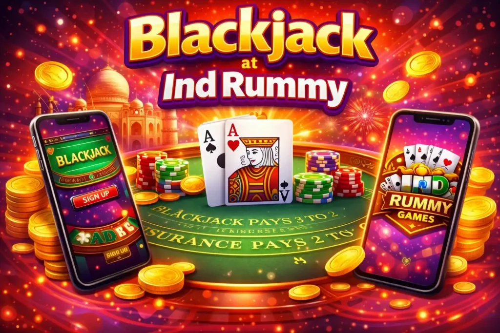 Ind Rummy Blackjack India banner featuring a blackjack table, playing cards, casino chips, gold coins and mobile gaming screens on a vibrant red and purple background.