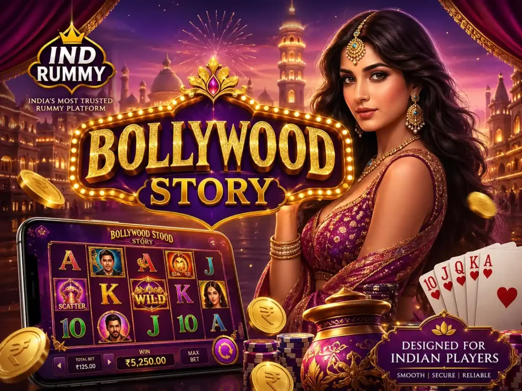 Bollywood Story slot game scene with Indian palace, glamorous woman in traditional attire, gold coins, reels interface, and Ind Rummy branding