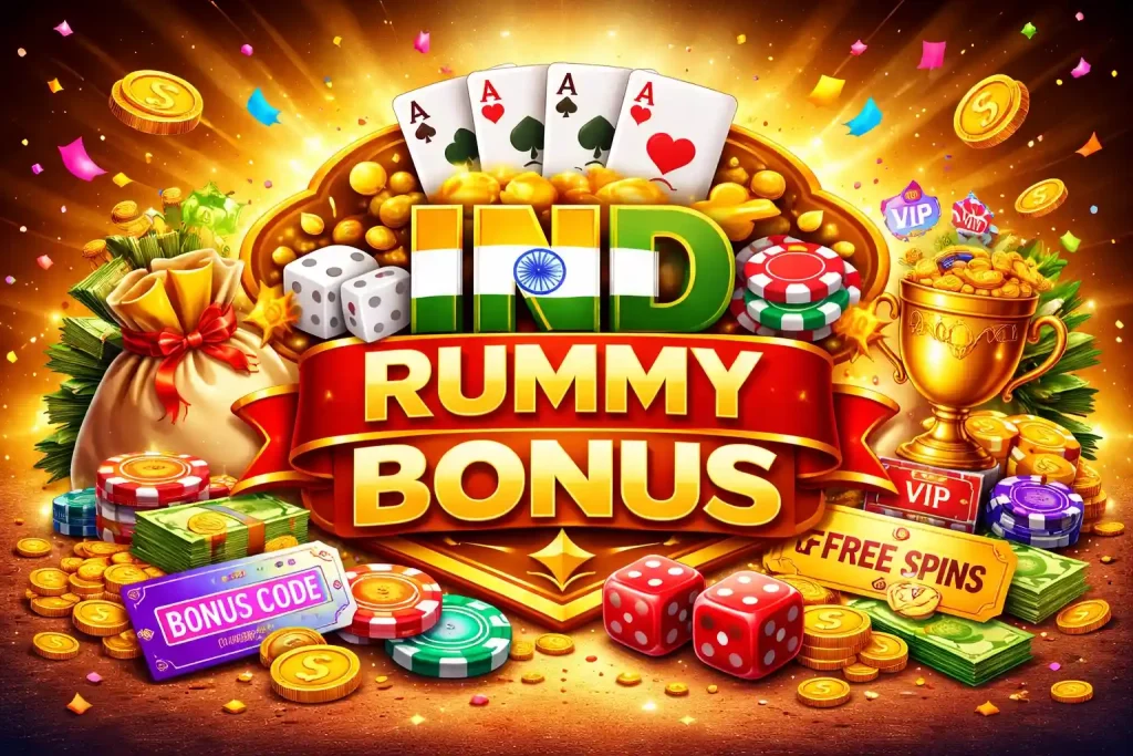 Ind Rummy Bonus India promotional image featuring bold bonus branding, gold coins, poker chips, cards, VIP rewards, cashback elements, and festive casino visuals in a vibrant 4:3 layout.