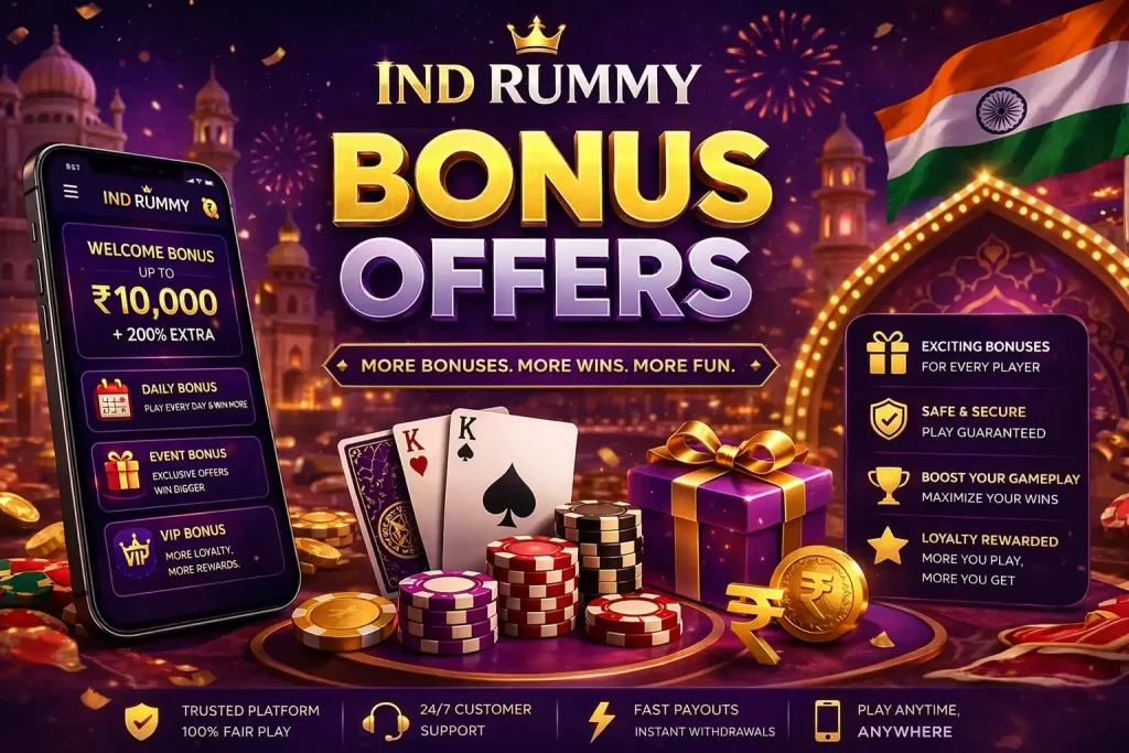 Bonus Offers banner for Ind Rummy featuring Indian theme, welcome and daily bonuses, rummy cards, mobile gameplay screen, and promotional rewards in gold and purple style
