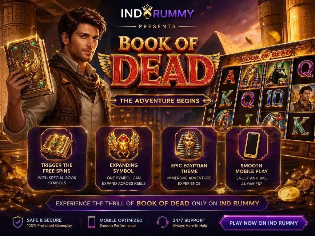 Book of Dead slot scene with Egyptian theme, golden symbols, ancient temple background, glowing reels and mobile gameplay interface for Ind Rummy, vibrant purple and gold lighting, cinematic style, no text, 4:3
