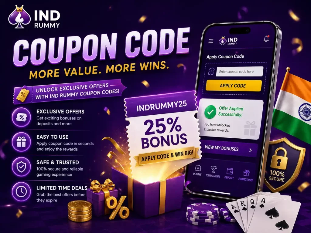 Ind Rummy coupon code banner with purple promo theme, mobile app screen, reward ticket, gift box, rupee coins, Indian flag, and exclusive offer message.