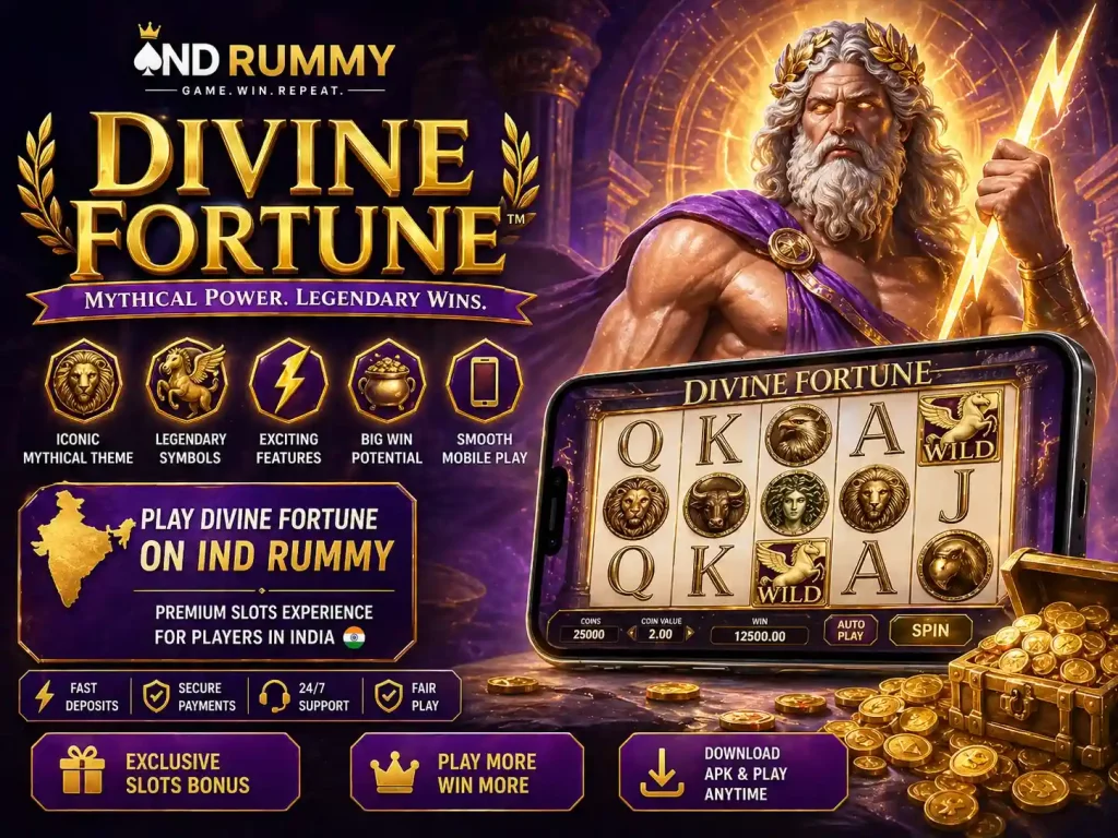 Divine Fortune Ind Rummy banner featuring mythic god figure, golden slot reels, mobile gameplay screen, treasure coins, purple background, and legendary casino adventure theme.