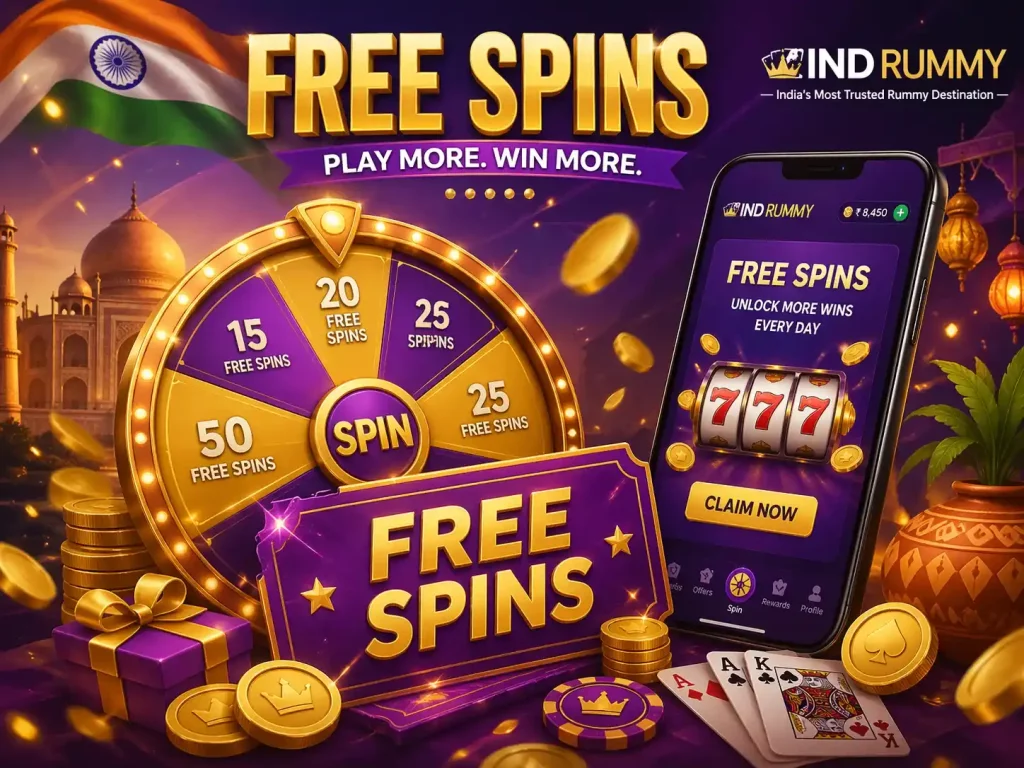 Ind Rummy Free Spins promotion with golden spin wheel, coins, playing cards, and mobile app interface in a purple and gold Indian-themed design