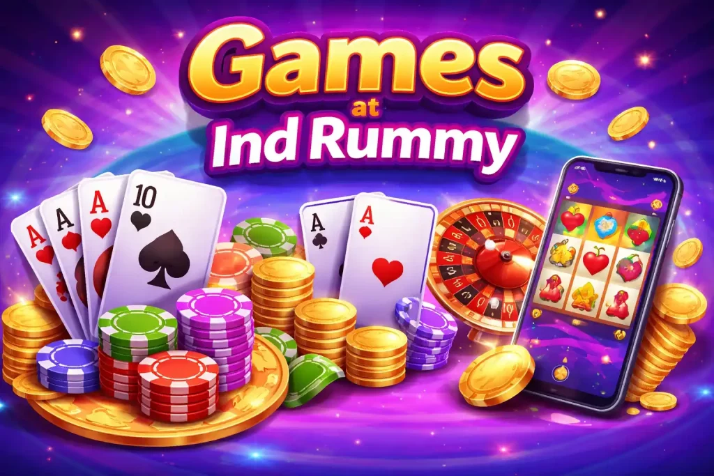 Ind Rummy Games India banner featuring rummy cards, roulette wheel, poker chips, coins and mobile casino gameplay on a vibrant purple background.