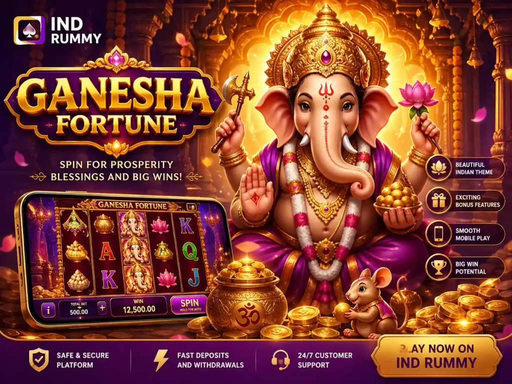 Ganesha Fortune slot scene with Indian temple setting, golden coins, vibrant purple and gold lighting, detailed Ganesha figure, mobile slot interface on smartphone, festive atmosphere, no text, cinematic style, 4:3