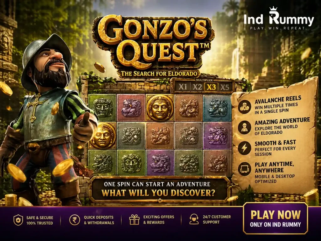 Gonzo’s Quest image for Ind Rummy India with jungle temple adventure theme, explorer character, stone slot reels, gold coins, and mobile-friendly gameplay style.