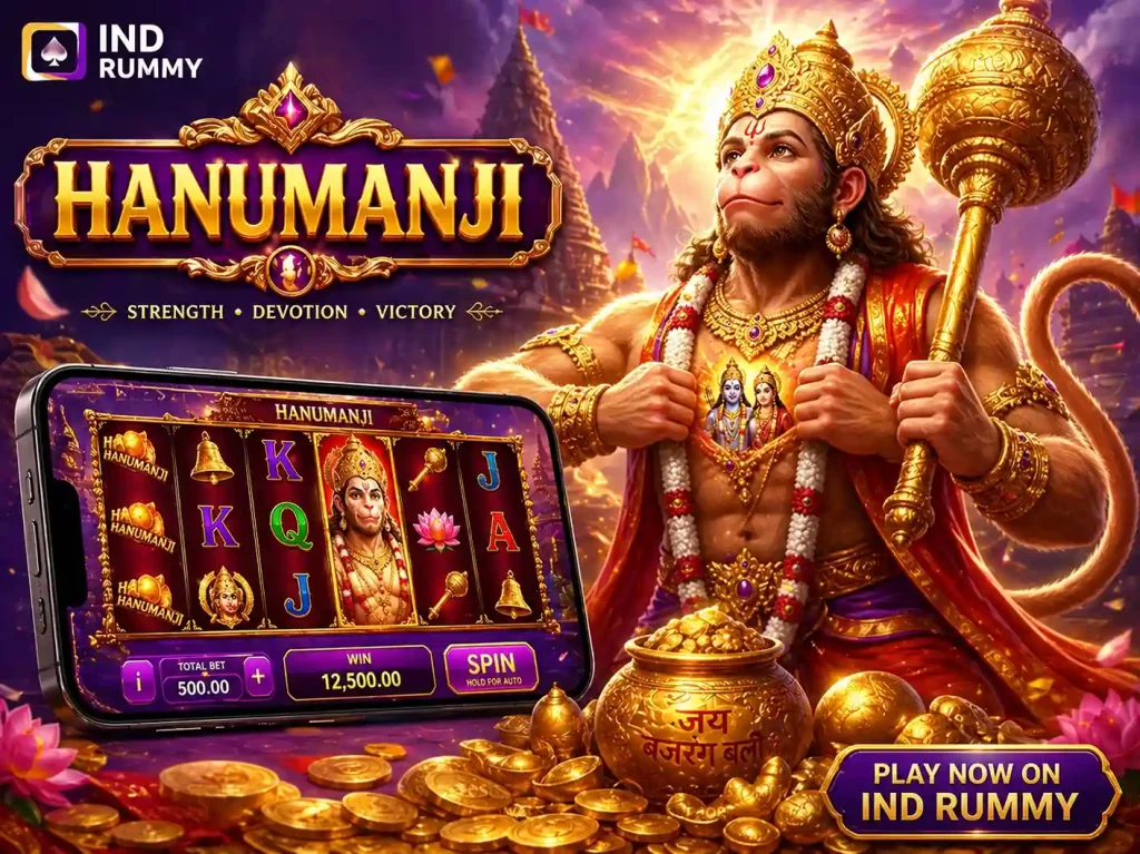 Hanumanji slot scene with Indian temple background, golden coins, powerful Hanuman figure, glowing purple and gold lighting, mobile slot game on smartphone, festive atmosphere, cinematic style, no text