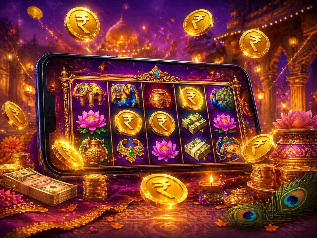 Indian-themed slot game scene on smartphone with glowing rupee coins, purple and gold festive setting, ornate decorations, and cinematic lighting, no text or logo