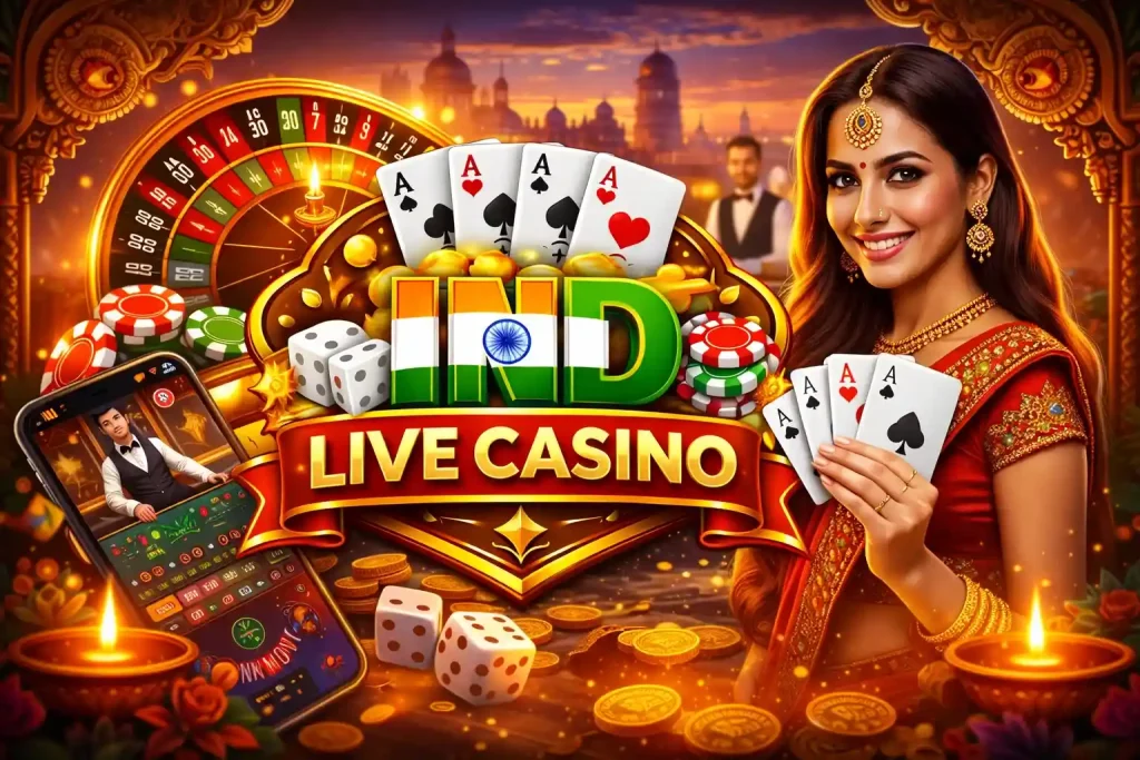 Ind Rummy Live Casino illustration featuring live dealer gaming, roulette, cards, chips, mobile play, and rich Indian-inspired visuals in a bold 4:3 design.
