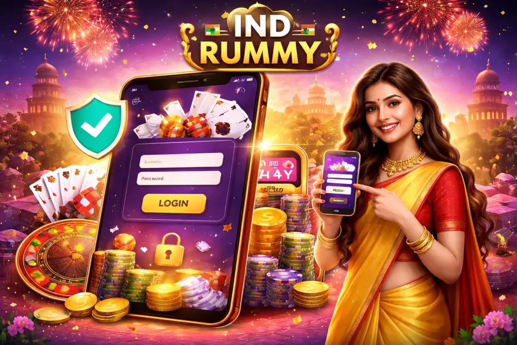 Ind Rummy Login India promotional image featuring a smartphone login screen, secure shield icon, casino chips, coins, cards, and a woman in traditional attire in a vibrant 4:3 layout.