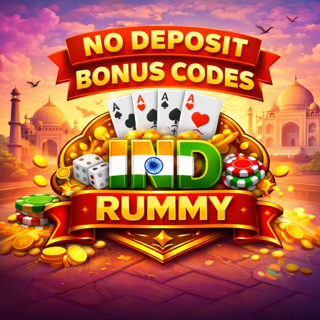 No Deposit Bonus Codes promotional illustration for Ind Rummy India featuring gold coins, playing cards, poker chips, festive Indian landmarks, and bright 4:3 casino-style visuals.