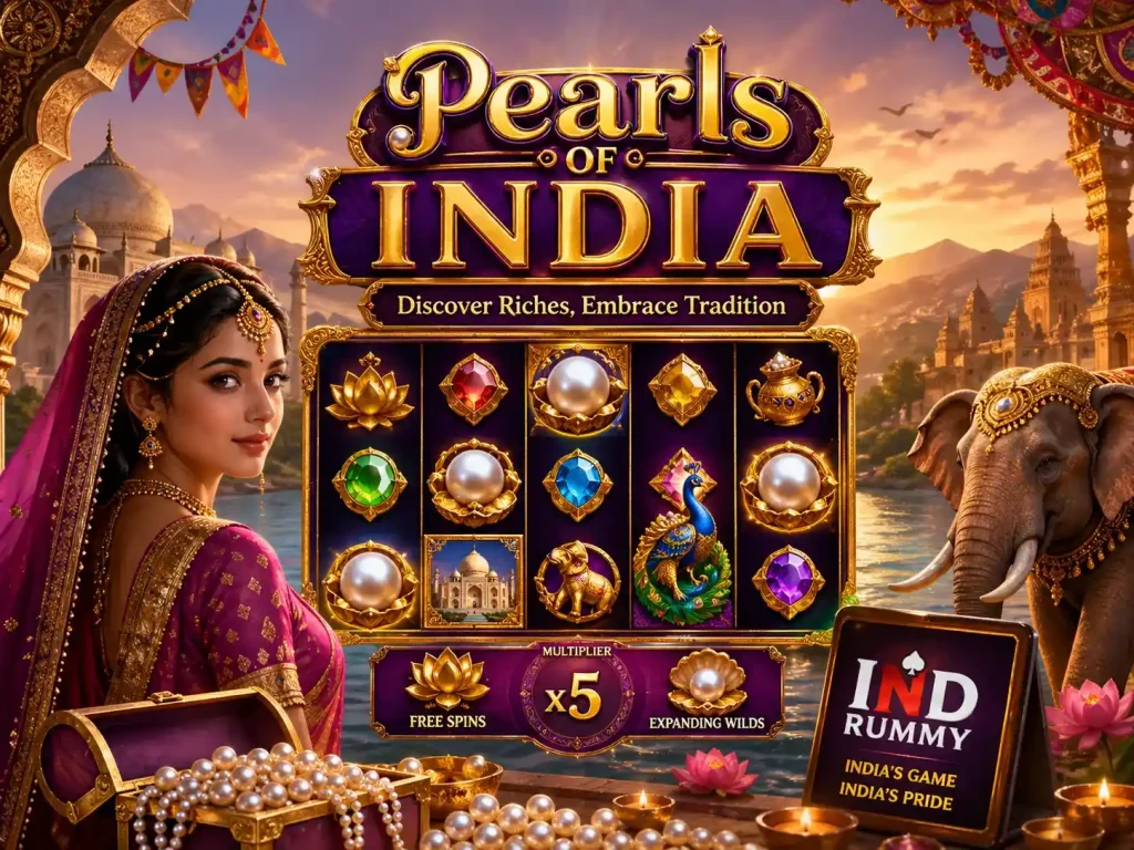 Pearls of India slot game scene with Indian palace, woman in traditional attire, pearls, elephant, and Ind Rummy branding