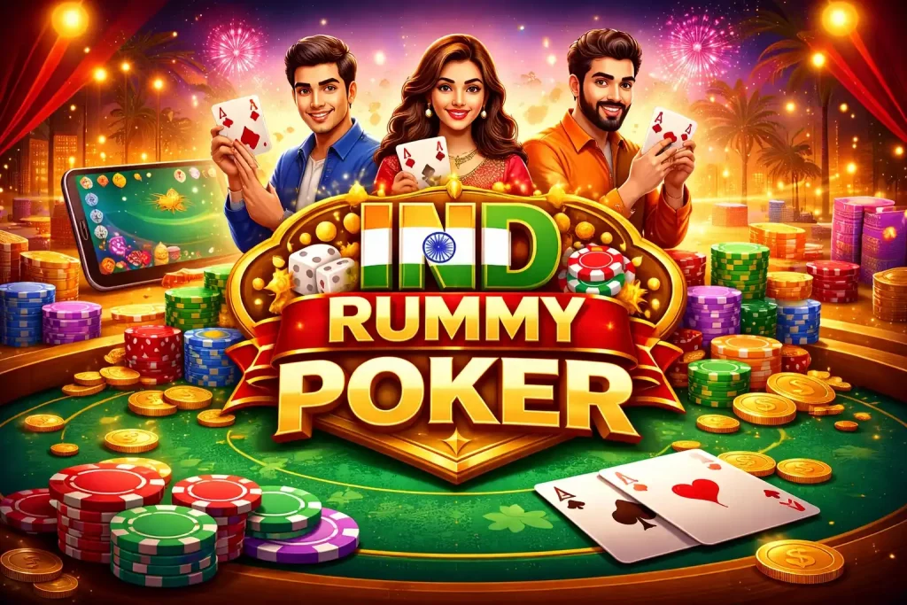 Ind Rummy Poker India banner featuring poker cards, casino chips, gold coins, mobile gaming screen and a vibrant poker table background.