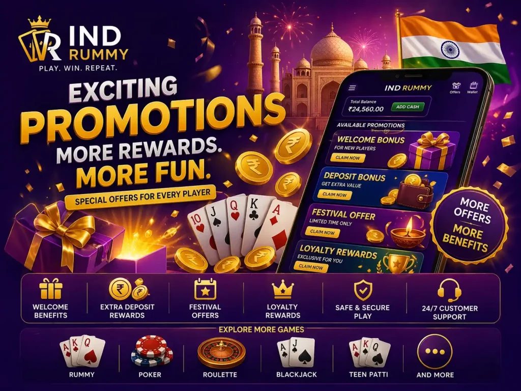 Ind Rummy promotions concept image with mobile rummy gameplay, Indian theme, reward offers, bonus elements, purple gold design and promotional campaign visuals