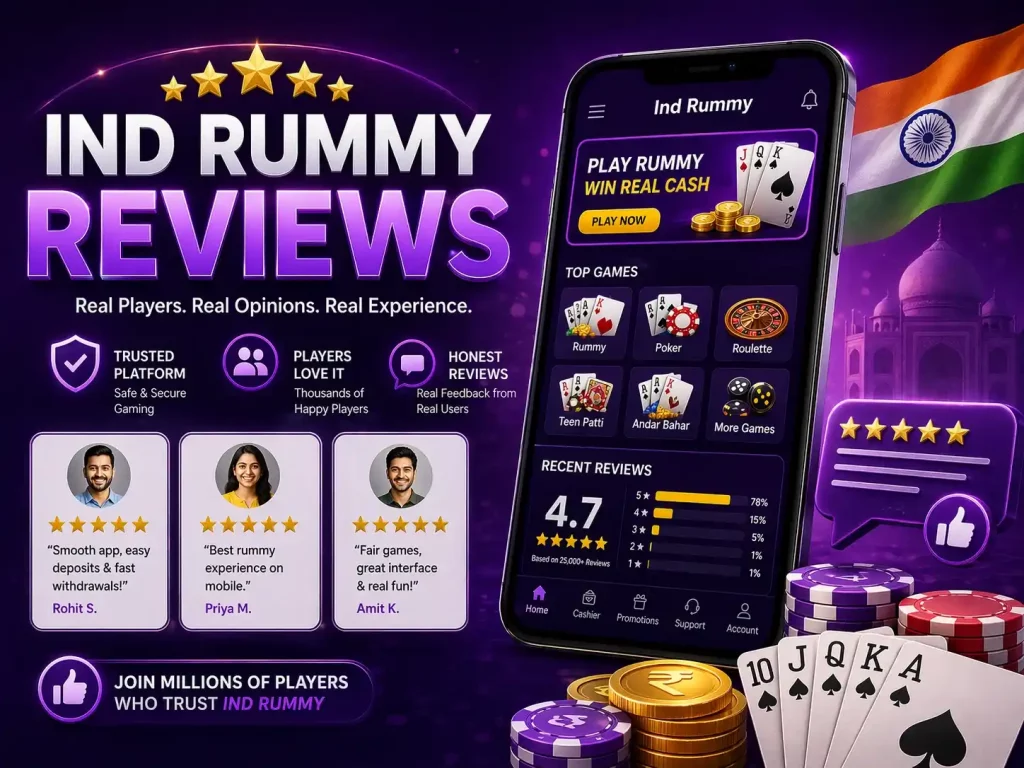 Ind Rummy reviews banner with mobile app screen, star ratings, player feedback cards, chips, cards, rupee coins, and purple India-themed background.