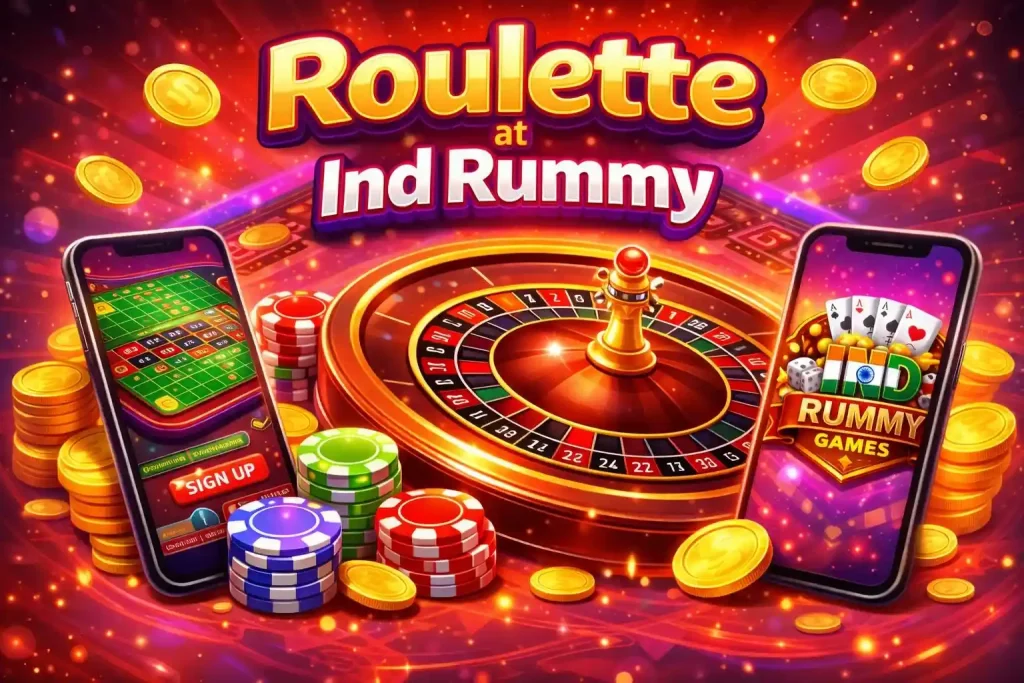 Ind Rummy Roulette India banner featuring a glowing roulette wheel, casino chips, coins and mobile gaming screens on a vibrant red and purple background.