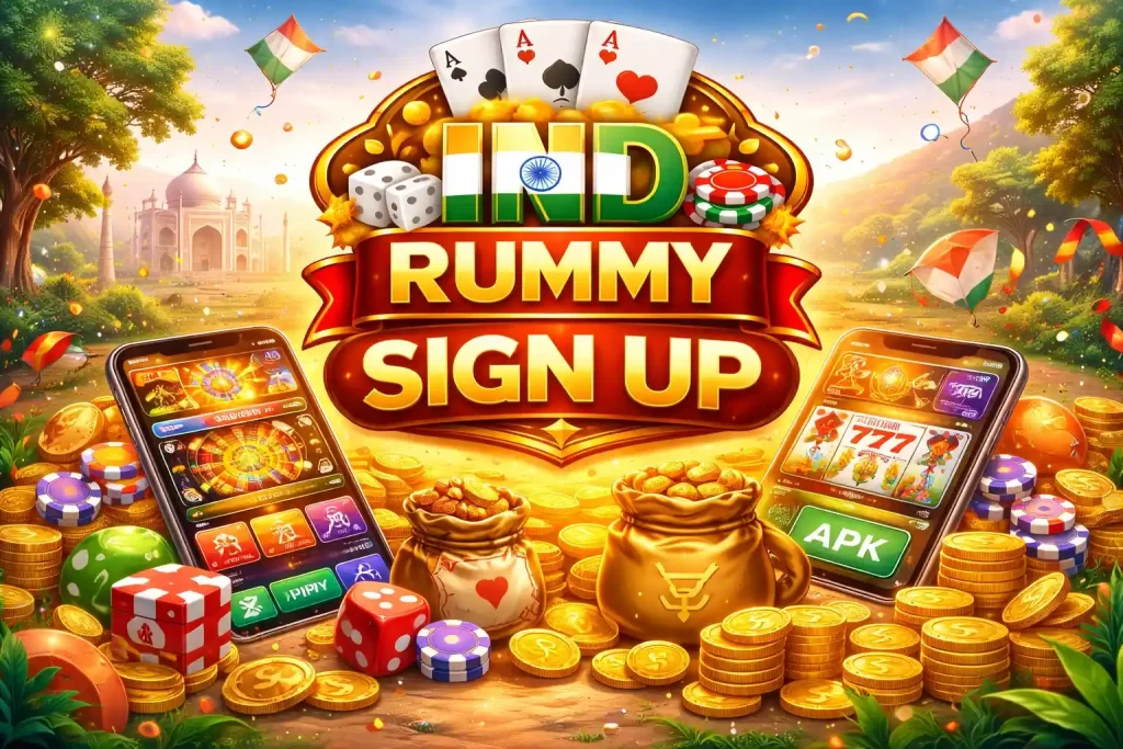 Ind Rummy Sign Up India promotional image featuring bold sign-up branding, smartphones, casino chips, gold coins, cards, and Indian-inspired elements in a vibrant 4:3 layout.