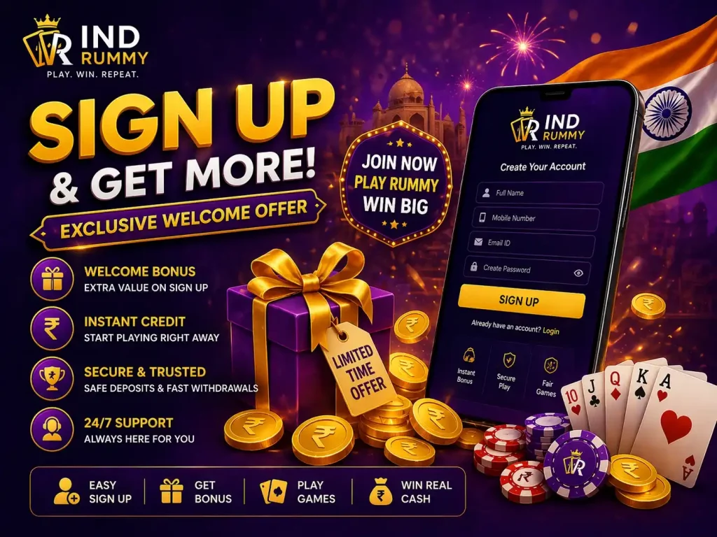 Ind Rummy sign up offer concept image with mobile registration screen, Indian theme, new player rewards, purple gold design and promotional bonus visuals
