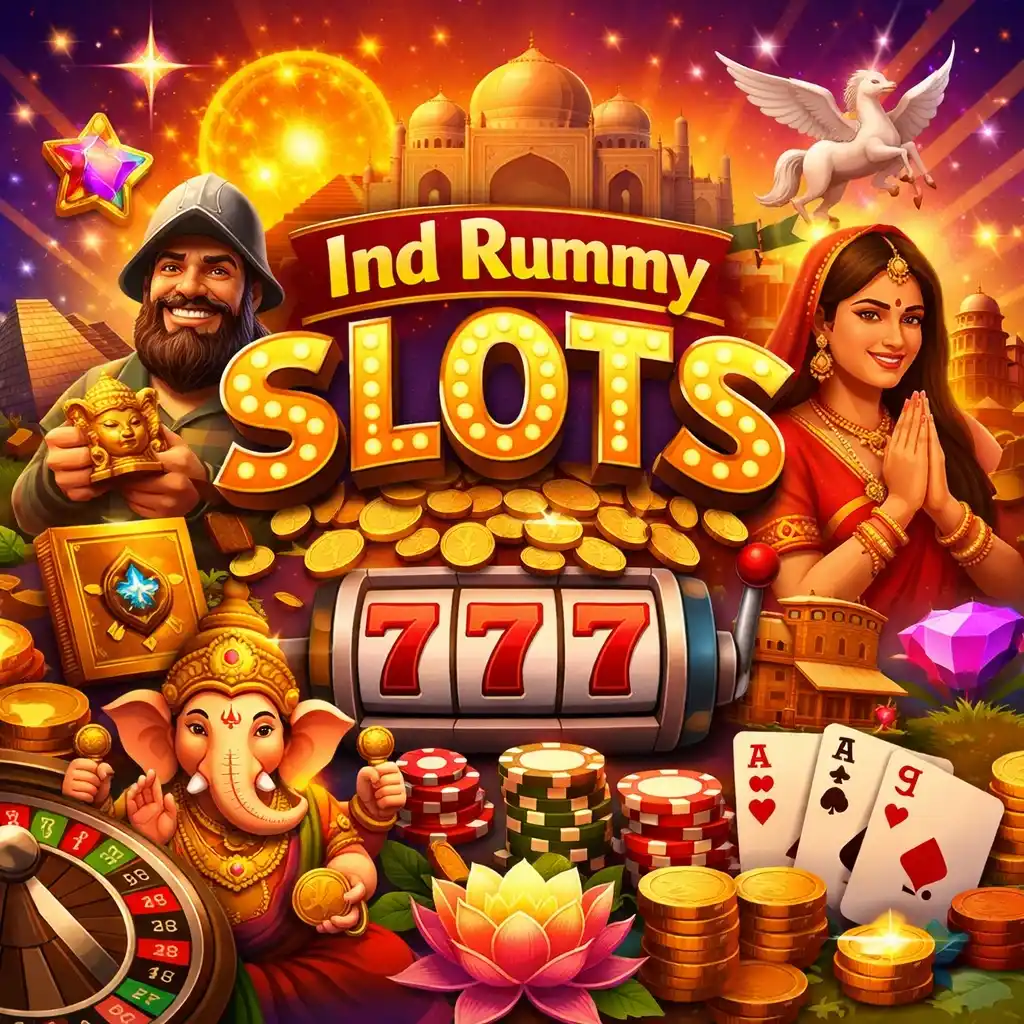 Ind Rummy Slots India promotional image featuring bold Slots branding, slot machine reels, gold coins, chips, cards, Indian cultural elements, and vibrant casino visuals in a colourful 4:3 layout.