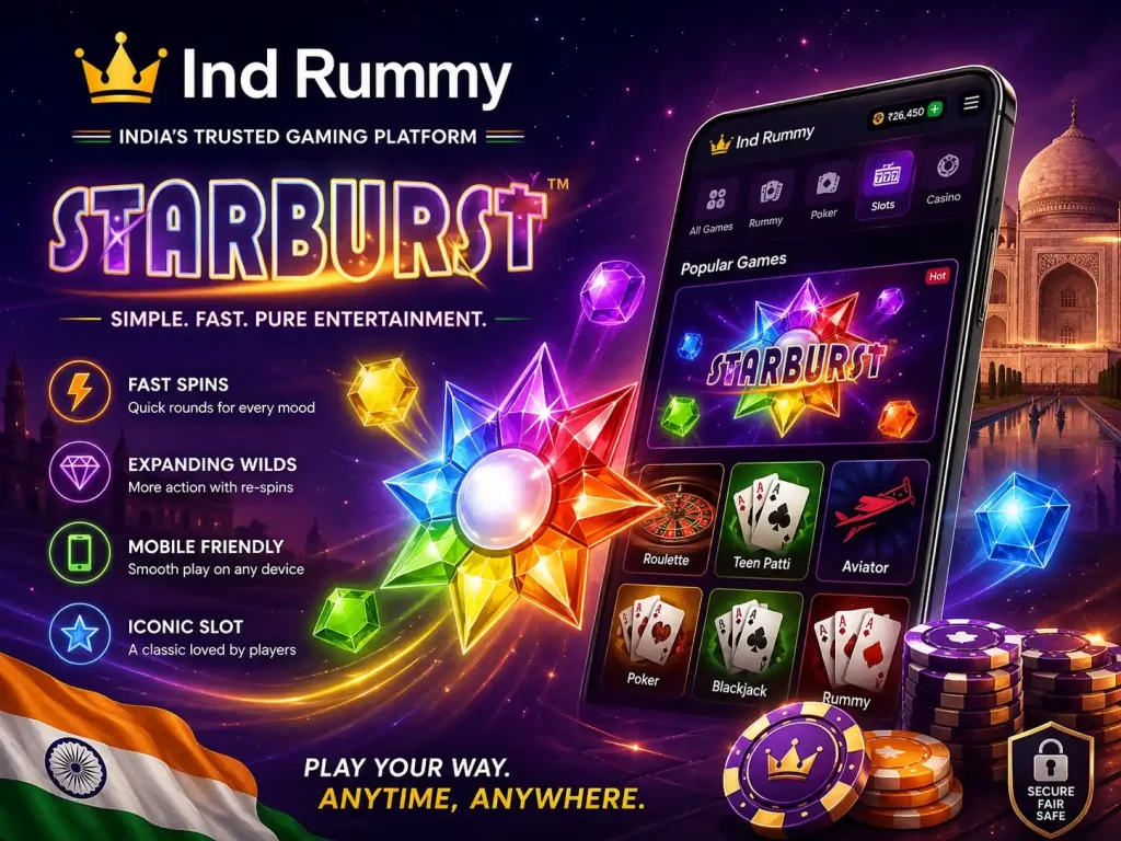 Starburst slot image for Ind Rummy India with glowing gems, mobile gameplay screen, casino chips, Indian flag, and purple cosmic background.