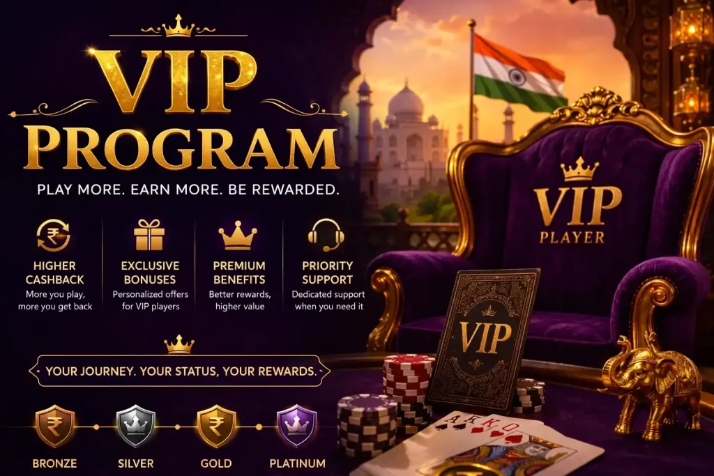 VIP Program banner for Ind Rummy featuring luxury gold theme, Indian background, VIP throne, rummy cards, and premium rewards concept