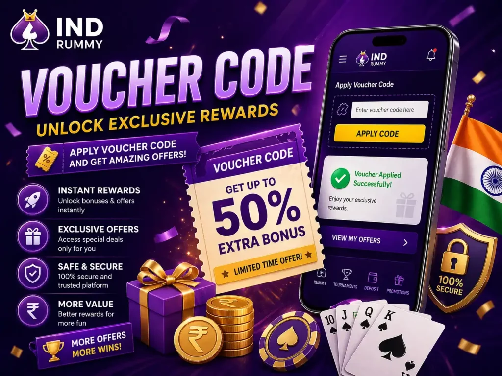 Ind Rummy voucher code banner with purple reward theme, mobile app screen, promo ticket, gift box, rupee coins, Indian flag, and exclusive rewards message.