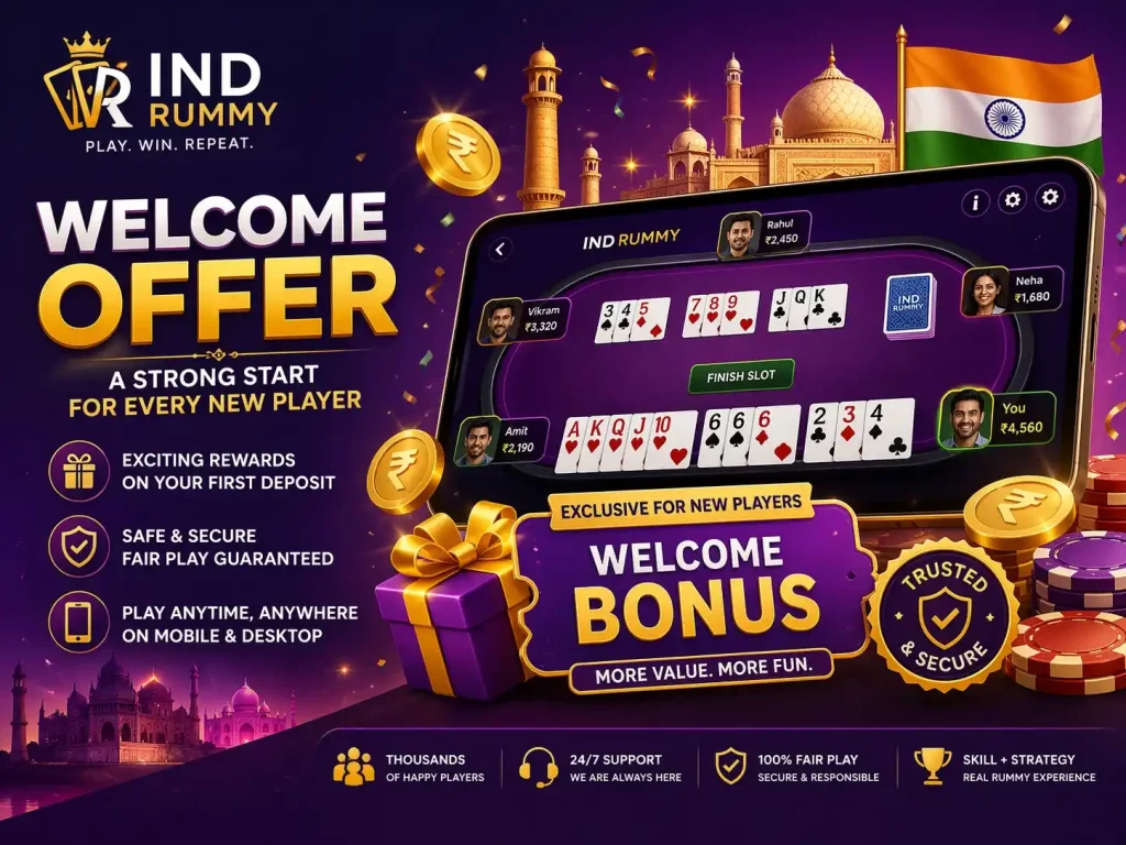 Ind Rummy welcome offer concept image with mobile rummy gameplay, Indian theme, new player rewards, purple gold design and promotional bonus visuals