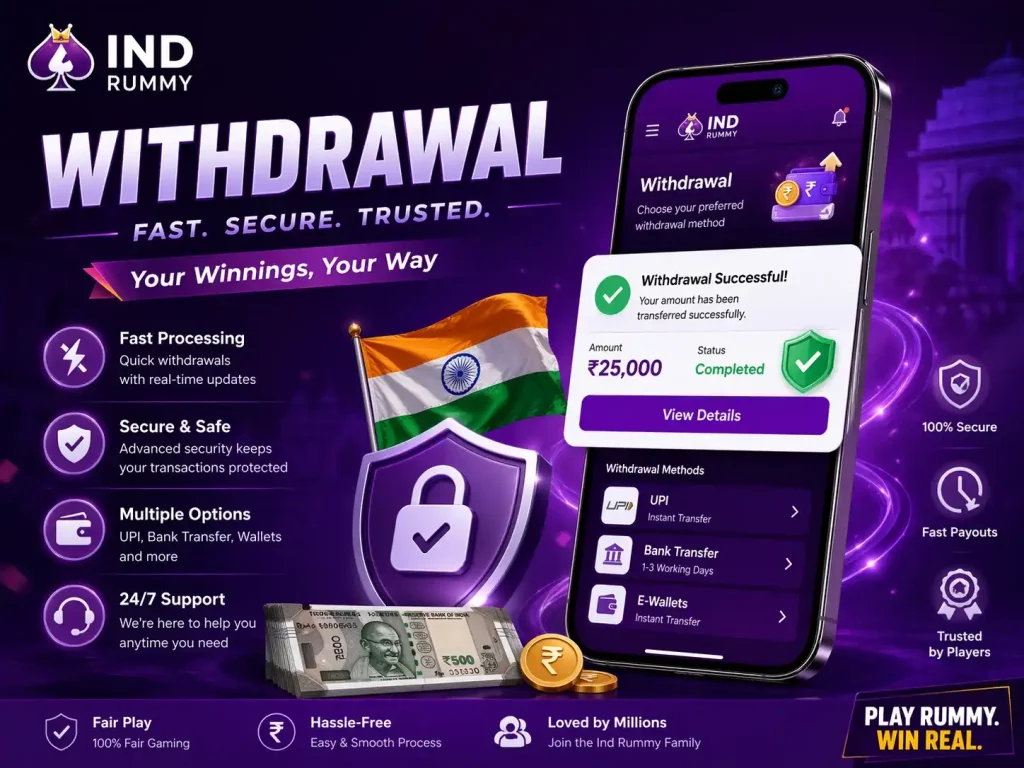 Ind Rummy withdrawal banner with purple payment theme, mobile payout screen, rupee coins, shield security icon, Indian flag, and fast secure withdrawals message.