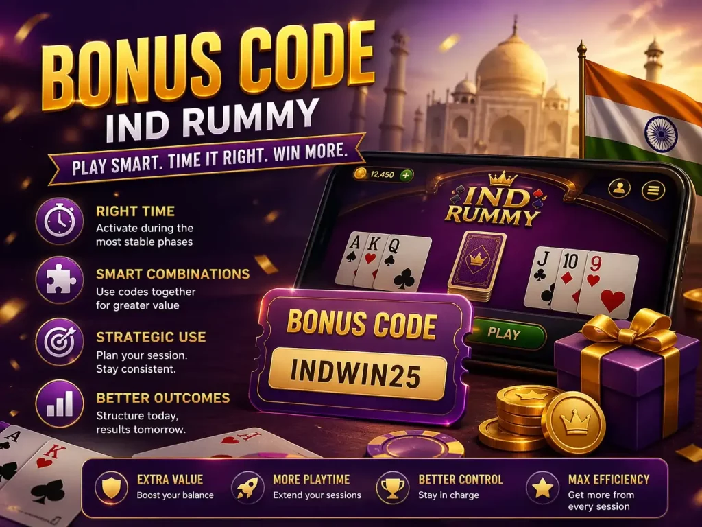 Bonus Code Ind Rummy India banner with purple and gold casino theme, mobile rummy game interface, playing cards, bonus code INDWIN25, coins, gift box, and Indian flag in background