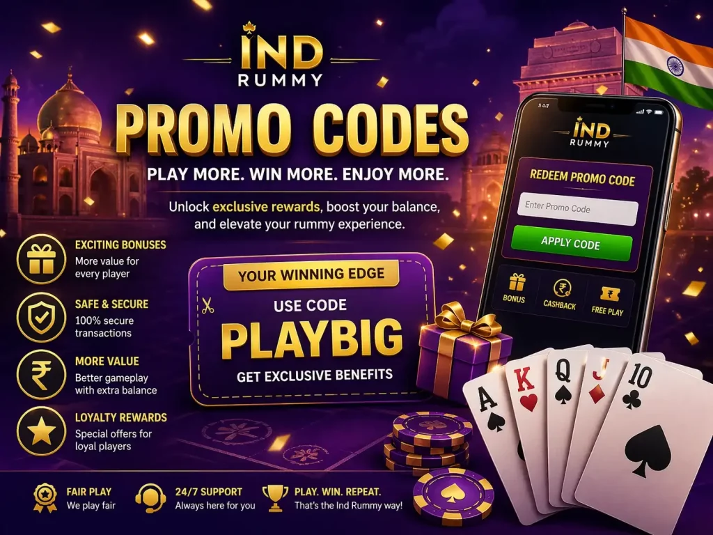 Ind Rummy Promo Codes banner with gold typography, mobile app screen, playing cards, chips, gift box, and Indian landmarks in a purple and gold theme