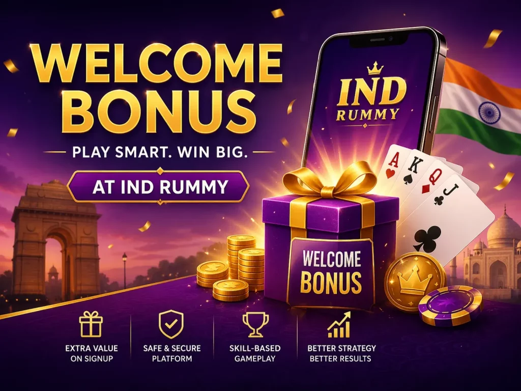 Welcome Bonus banner for Ind Rummy Casino with gold text, mobile app screen, playing cards, coins, gift box, and Indian landmarks in a purple and gold theme.