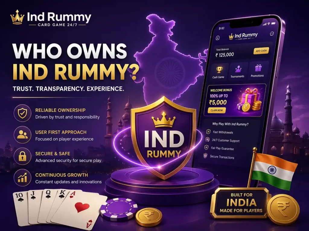 Ind Rummy ownership banner with mobile app screen, shield emblem, playing cards, rupee coins, and purple India-themed background.