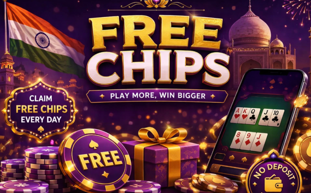 Free Chips promotion banner for Ind Rummy featuring Indian theme, golden chips, rummy cards, mobile gameplay screen, and no deposit bonus offer