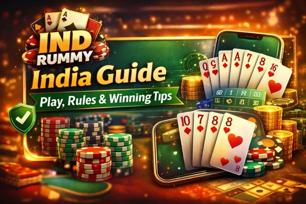 IND Rummy India guide banner with playing cards, chips and mobile gameplay showing rules and winning tips for Indian players