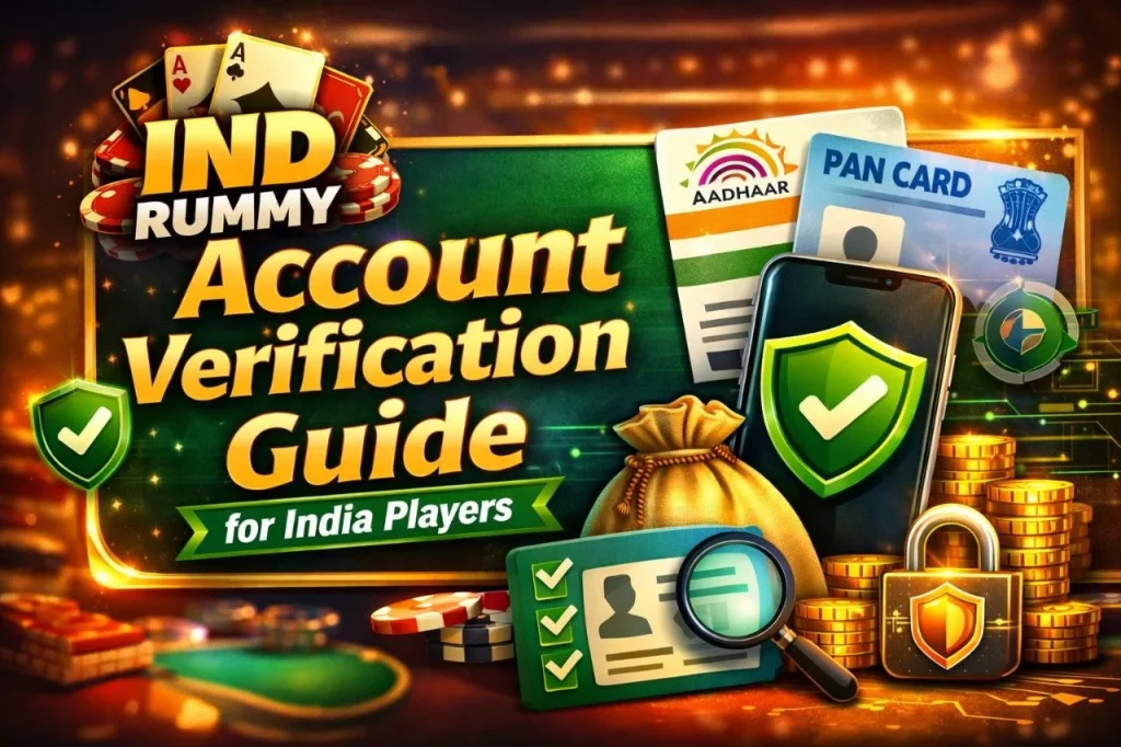 IND Rummy account verification guide banner with Aadhaar, PAN card, security shield and casino chips for India players