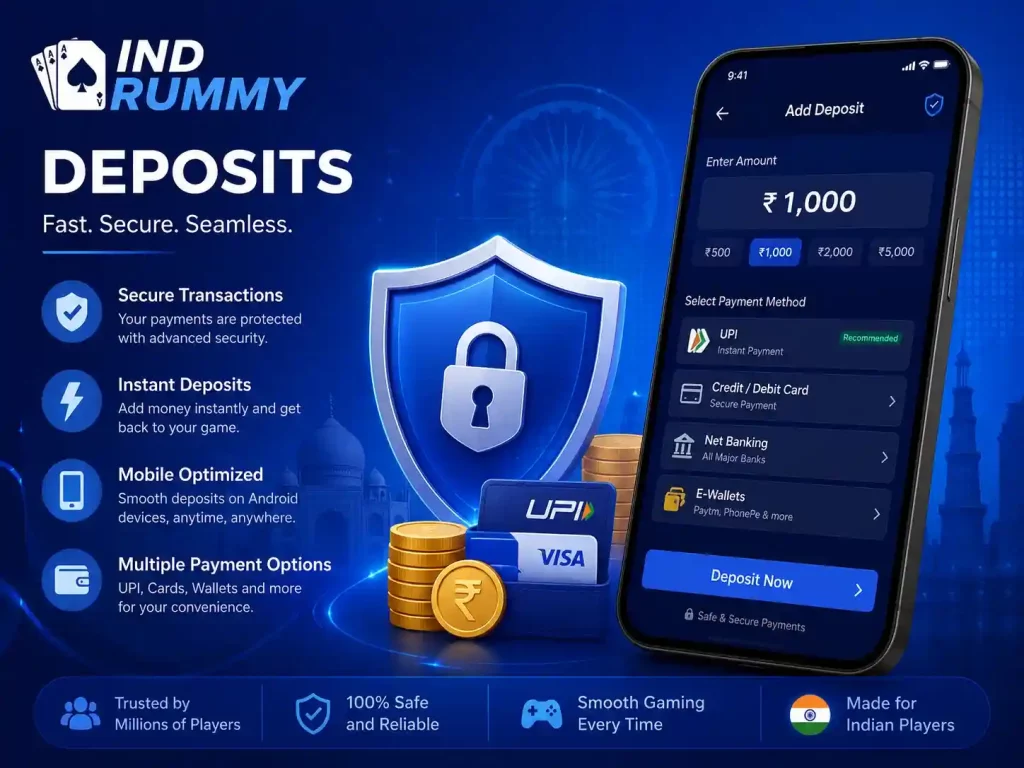 Ind Rummy deposits banner with secure mobile payments, blue wallet interface, smartphone transaction system, Indian gaming atmosphere, and synchronized Android deposit features