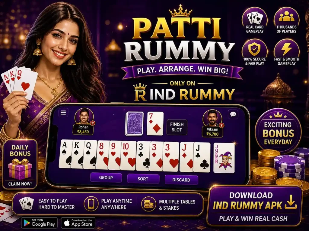 Patti Rummy card game scene on Ind Rummy, vibrant purple and gold theme with Indian casino atmosphere, player holding cards and smartphone showing live rummy gameplay, arranged sequences and sets visible on screen, coins and chips around, dynamic mobile gaming experience, 4:3 image
