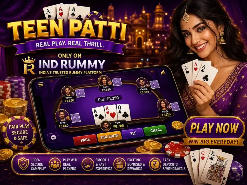 Teen Patti card game scene on Ind Rummy, rich purple and gold theme with Indian casino atmosphere, players holding cards and chips, smartphone showing live table gameplay, vibrant lighting and dynamic mobile gaming experience, 4:3 image